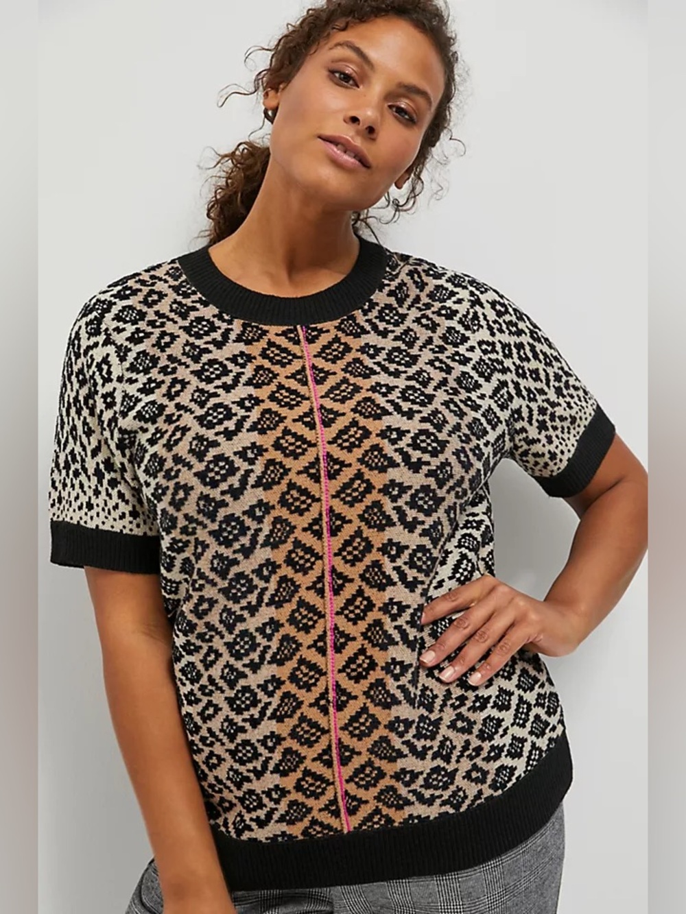 Anthropologie Maeve Black Tan Textured Knit Top animal print u Impresa